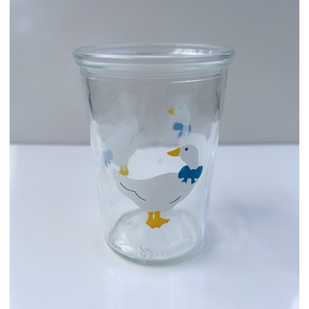1980’s Vintage BAMA Jelly Jar White Ducks Geese Blue Bows Glass